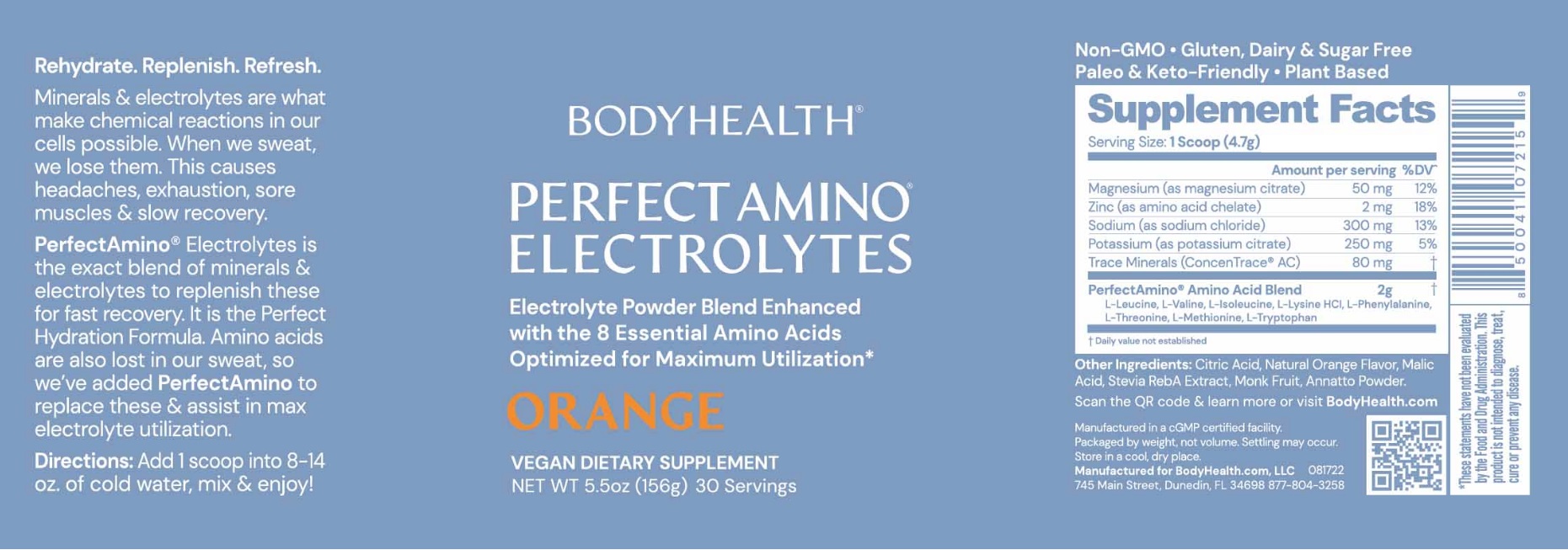 BodyHealth Perfect Amino Electrolytes Powder Orange box of 15 Packets 