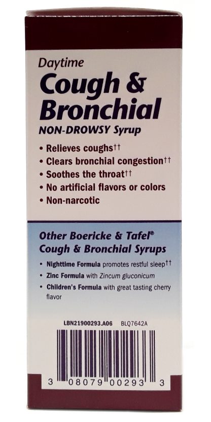 Boericke and Tafel Daytime Cough and Bronchial Syrup 4 fl oz side of box with upc and additional data