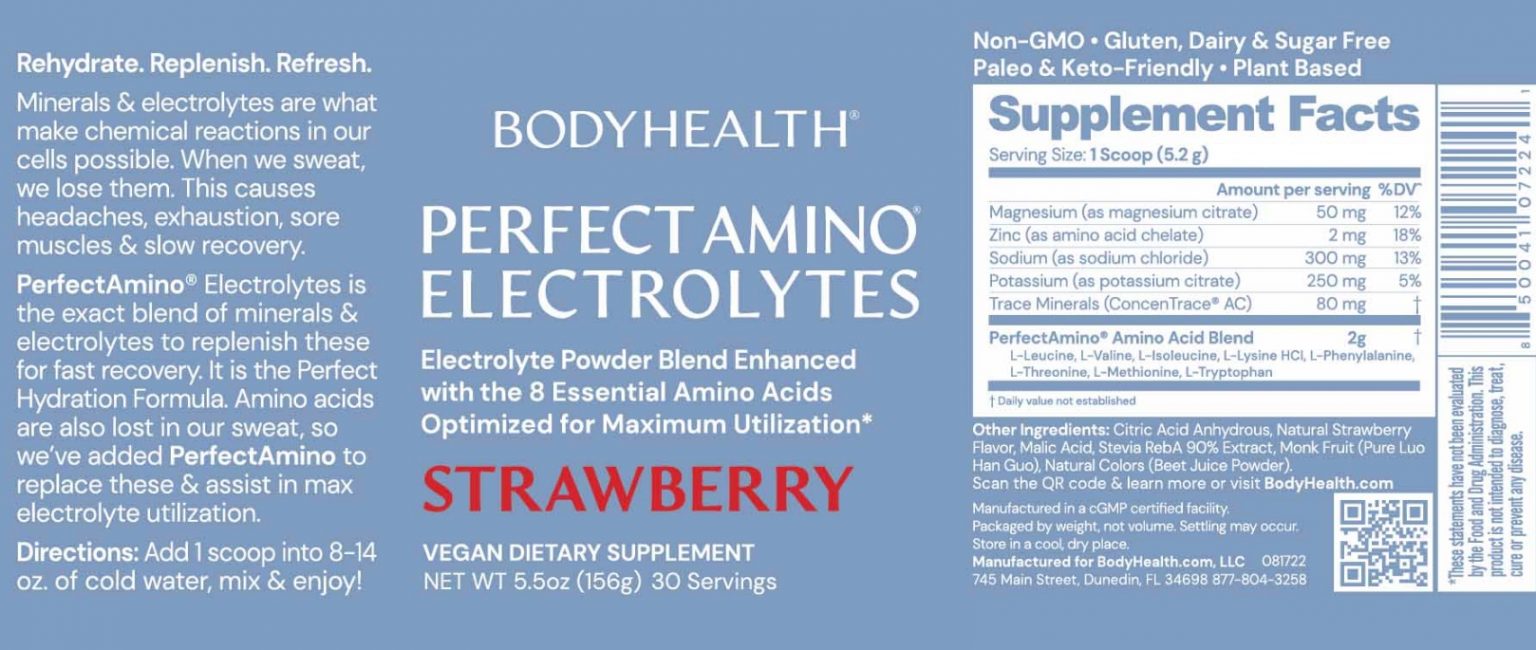 BodyHealth Perfect Amino Electrolytes Powder Strawberry Flavor 60 servings