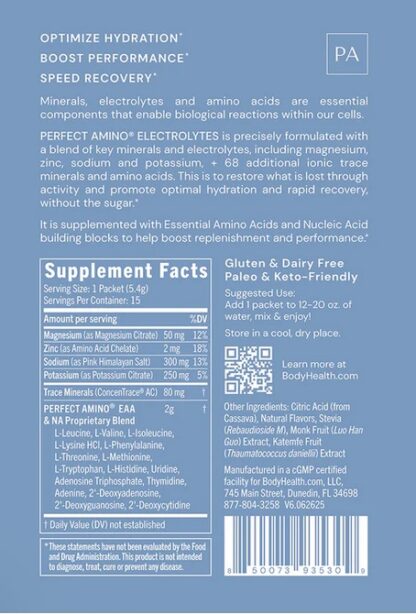 BodyHealth PerfectAmino™ Electrolyte Powder 15 Orange Flavor Travel Packets - Image 2